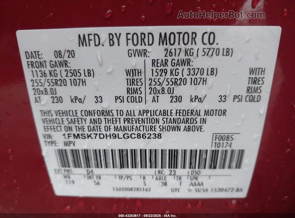 1FMSK7DH9LGC86238 2020 FORD FORD EXPLORER Red Vista del compartimento del motor