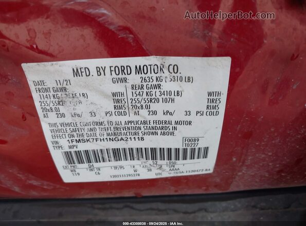 1FMSK7FH1NGA21118 2022 FORD FORD EXPLORER Red Engine compartment view