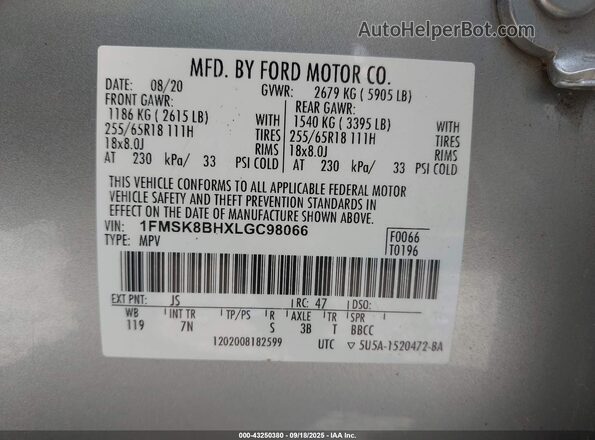 1FMSK8BHXLGC98066 2020 FORD FORD EXPLORER Silver ძრავის განყოფილების ხედი