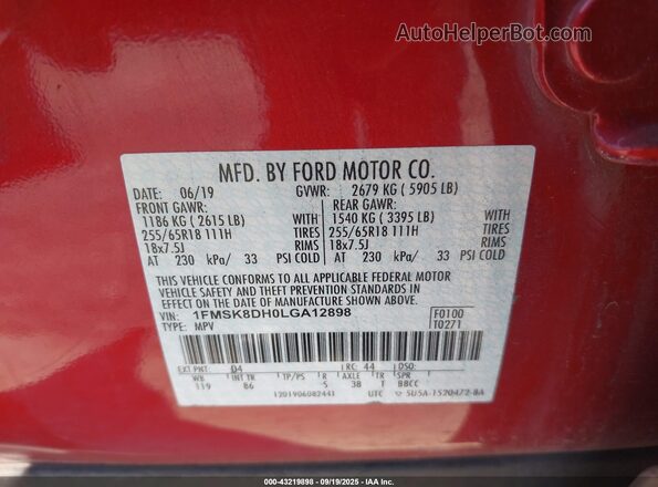 1FMSK8DH0LGA12898 2020 FORD FORD EXPLORER Red Вид підкапотного простору