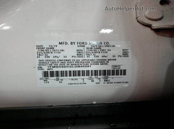1FMSK8DH2LGB45291 2020 FORD FORD EXPLORER White Widok naklejki z numerem VIN