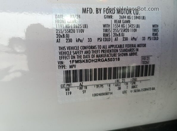 1FMSK8DH2RGA50318 2024 FORD FORD EXPLORER White VIN sticker view