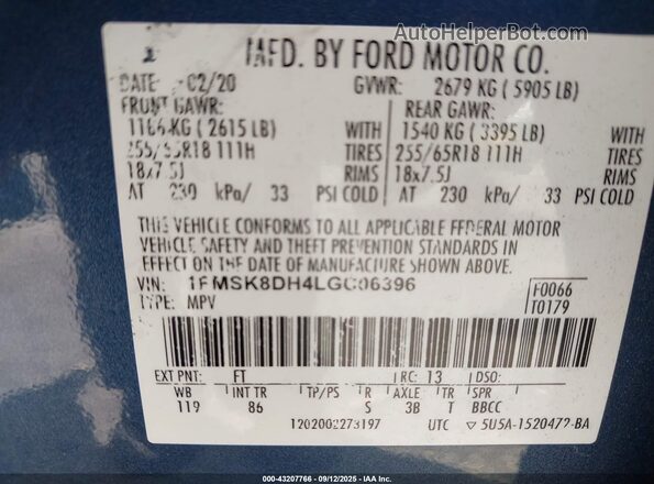 1FMSK8DH4LGC06396 2020 FORD FORD EXPLORER Light Blue Вид підкапотного простору