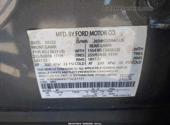 1FMSK8FH2NGB07625 2022 FORD FORD EXPLORER Gray Engine compartment view