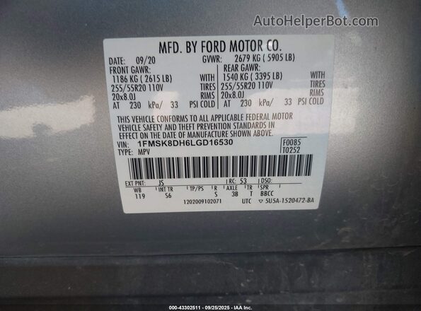 1FMSK8DH6LGD16530 2020 FORD FORD EXPLORER Серебряный Вид подкапотного пространства