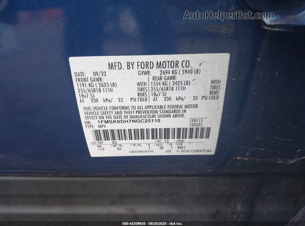 1FMSK8DH7NGC25110 2022 FORD FORD EXPLORER Dark Blue Vista del compartimento del motor