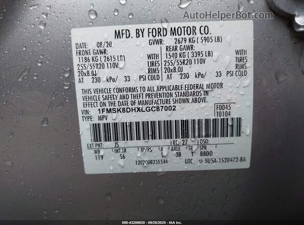 1FMSK8DHXLGC87002 2020 FORD FORD EXPLORER Silver Vista del compartimento del motor