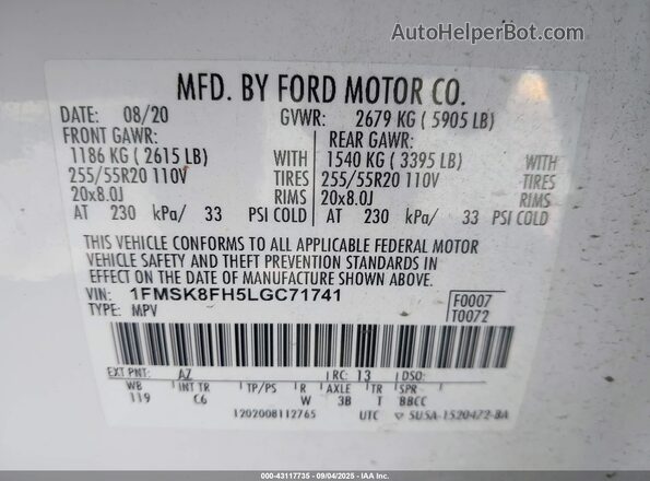 1FMSK8FH5LGC71741 2020 FORD FORD EXPLORER White Widok komory silnika