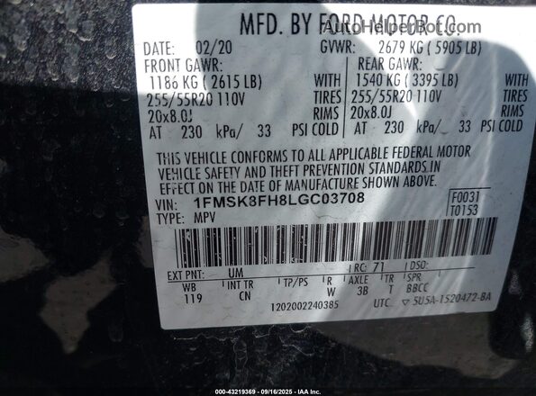 1FMSK8FH8LGC03708 2020 FORD FORD EXPLORER Black Вид підкапотного простору
