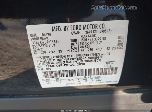 1FMSK8FH9LGC12630 2020 FORD FORD EXPLORER Black Vista del compartimento del motor