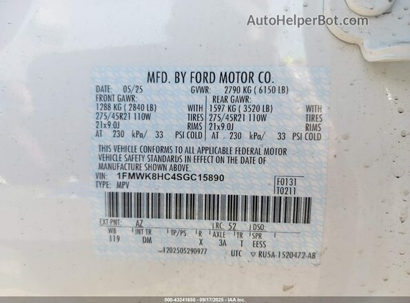 1FMWK8HC4SGC15890 2025 FORD FORD EXPLORER White Engine compartment view
