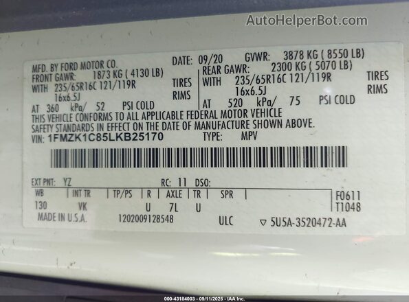 1FMZK1C85LKB25170 2020 FORD PASSENGER White Vista del compartimento del motor