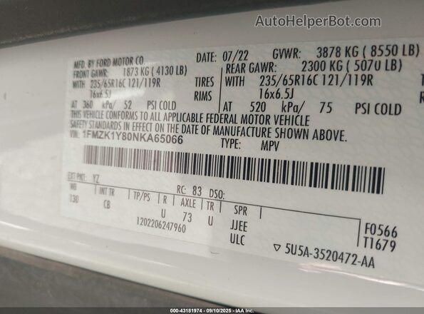 1FMZK1Y80NKA65066 2022 FORD PASSENGER White Vista del compartimento del motor