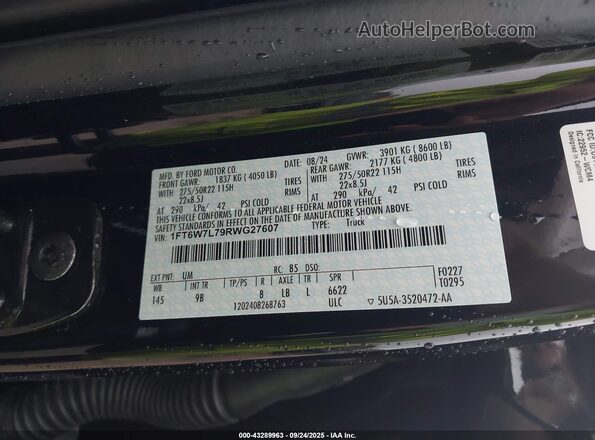 1FT6W7L79RWG27607 2024 FORD F-150 LIGHTNING Черный 