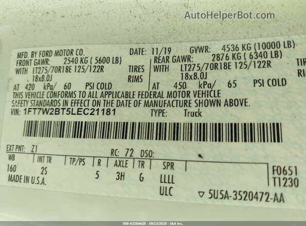 1FT7W2BT5LEC21181 2020 FORD F-250 White Вид підкапотного простору