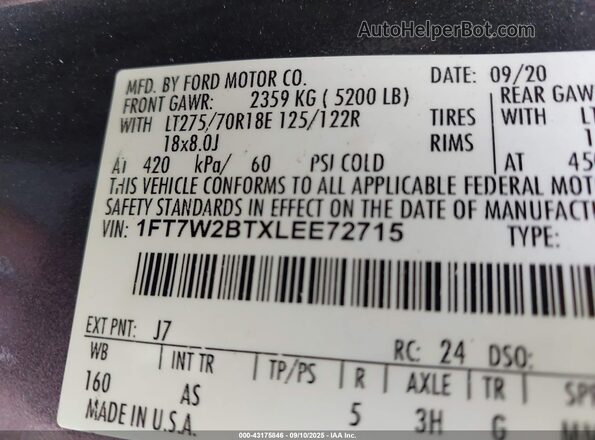 1FT7W2BTXLEE72715 2020 FORD F250 Gray Vista del compartimento del motor