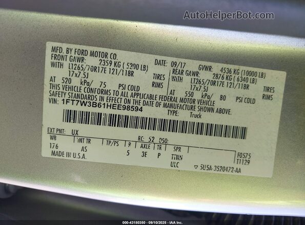 1FT7W3B61HEE98594 2017 FORD F350 Silver 