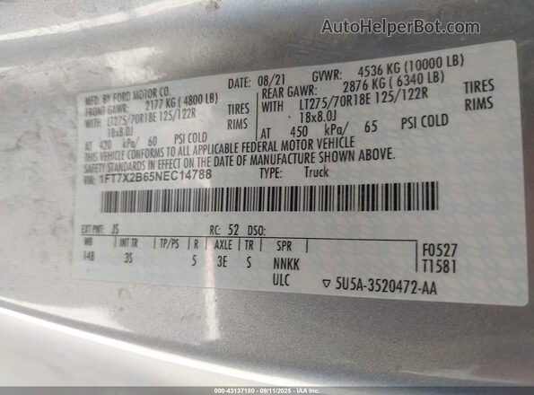 1FT7X2B65NEC14788 2022 FORD F-250 Silver VIN sticker view