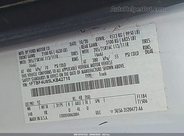 1FTBF4U85LKB42710 2020 FORD TRANSIT White Շարժիչի բաժամունքի տեսք