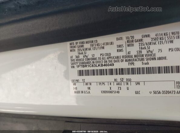 1FTBR1C83LKB46049 2020 FORD TRANSIT-250 Blue Vista del compartimento del motor