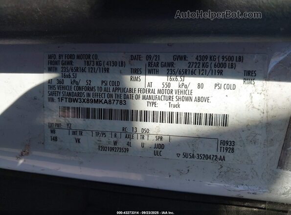 1FTBW3X89MKA87783 2021 FORD TRANSIT-350 White Vista del compartimento del motor