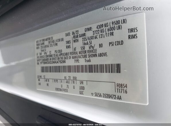 1FTBW3XG3NKA75296 2022 FORD TRANSIT-350 White Vista del compartimento del motor