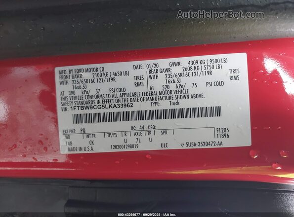 1FTBW9CG5LKA33962 2020 FORD TRANSIT-350 Red Շարժիչի բաժամունքի տեսք