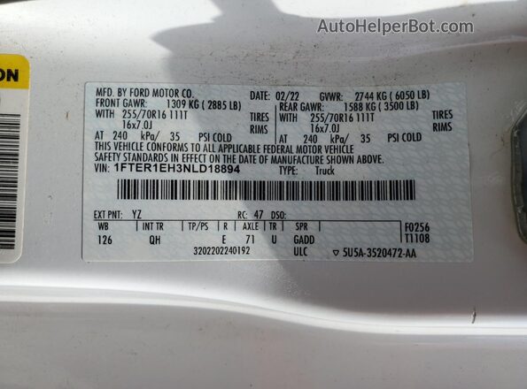 1FTER1EH3NLD18894 2022 FORD RANG Белый Вид подкапотного пространства