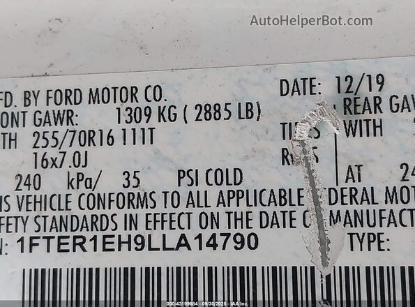 1FTER1EH9LLA14790 2020 FORD RANG White Շարժիչի բաժամունքի տեսք