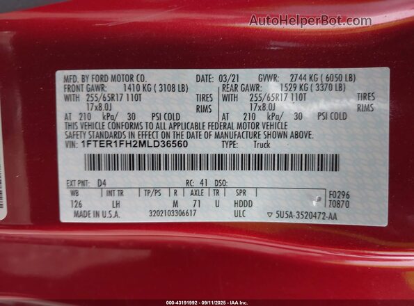 1FTER1FH2MLD36560 2021 FORD RANG Red Շարժիչի բաժամունքի տեսք
