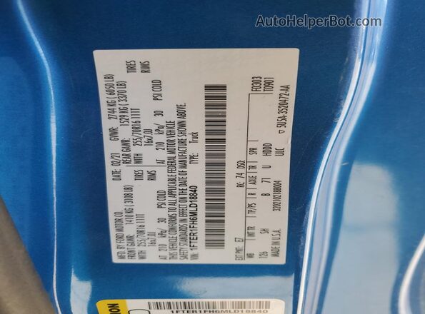 1FTER1FH6MLD18840 2021 FORD RANG Blue Vista de la etiqueta del VIN