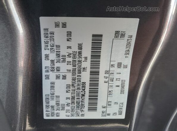 1FTER1FH7MLD43858 2021 FORD RANG Gray VIN sticker view