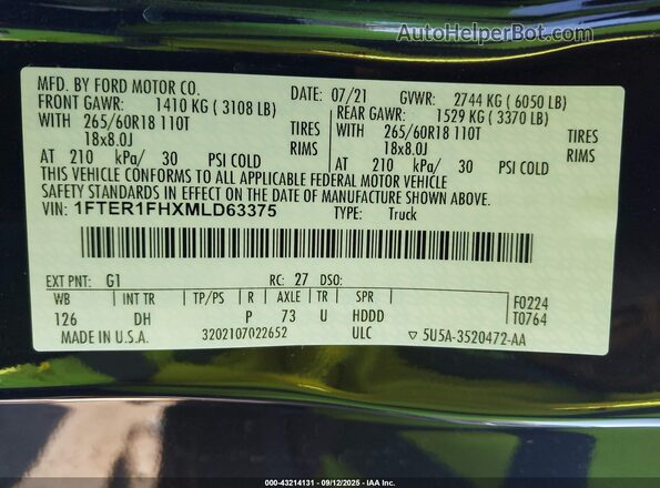 1FTER1FHXMLD63375 2021 FORD RANG Black Vista del compartimento del motor