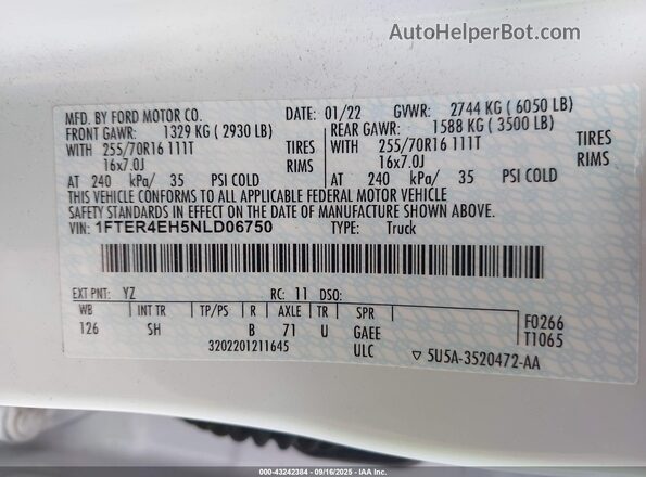 1FTER4EH5NLD06750 2022 FORD RANG White ძრავის განყოფილების ხედი