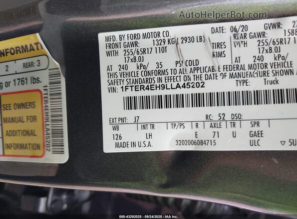 1FTER4EH9LLA45202 2020 FORD RANG Gray ძრავის განყოფილების ხედი