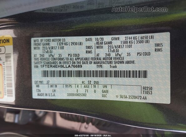 1FTER4EH9LLA76689 2020 FORD RANG Gray Շարժիչի բաժամունքի տեսք