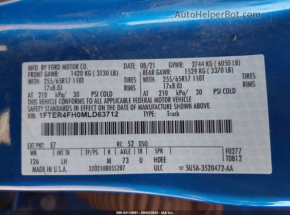 1FTER4FH0MLD63712 2021 FORD RANG Blue Вид підкапотного простору