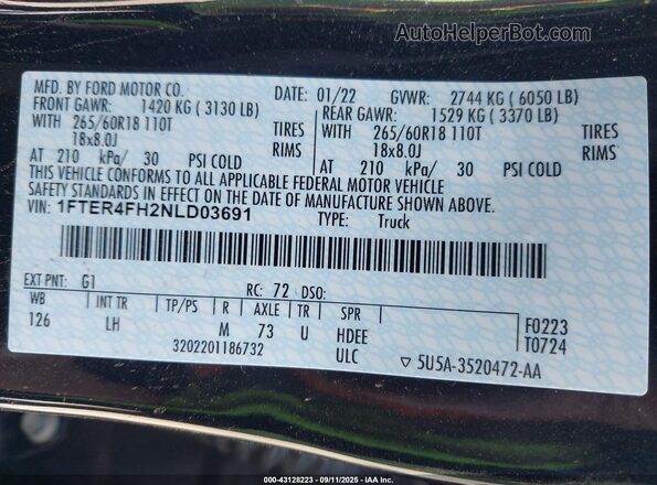 1FTER4FH2NLD03691 2022 FORD RANG Черный Вид подкапотного пространства