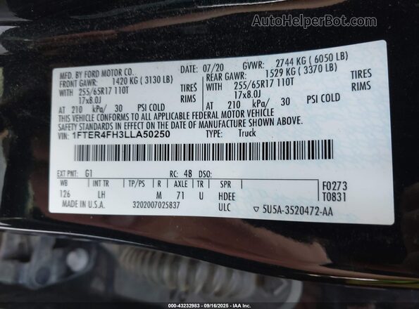 1FTER4FH3LLA50250 2020 FORD RANG Black ძრავის განყოფილების ხედი