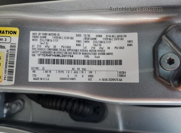 1FTER4FH6MLD01764 2021 FORD RANG Silver Widok naklejki z numerem VIN
