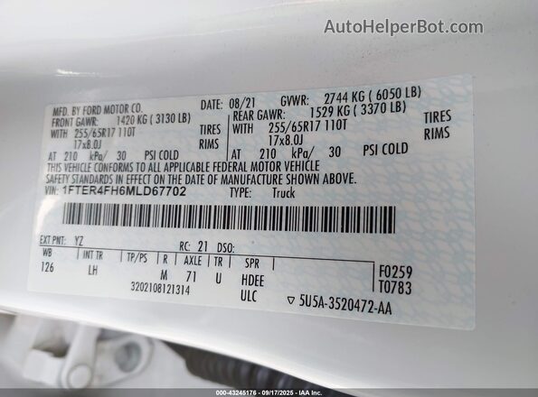 1FTER4FH6MLD67702 2021 FORD RANG Белый Вид подкапотного пространства