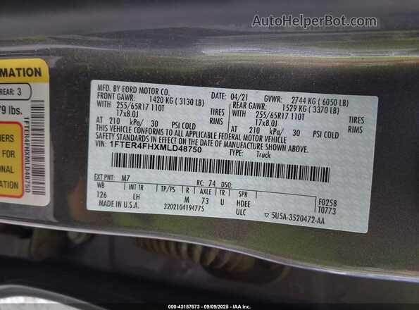 1FTER4FHXMLD48750 2021 FORD RANG Gray Engine compartment view