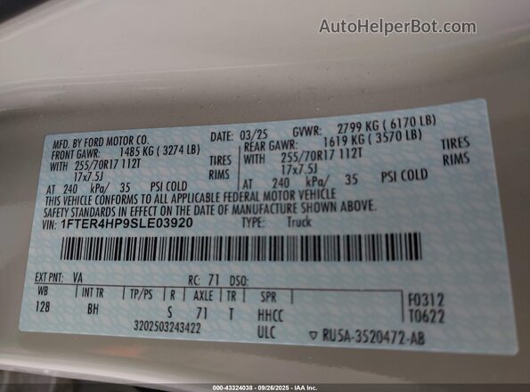 1FTER4HP9SLE03920 2025 FORD RANG Cream Widok komory silnika