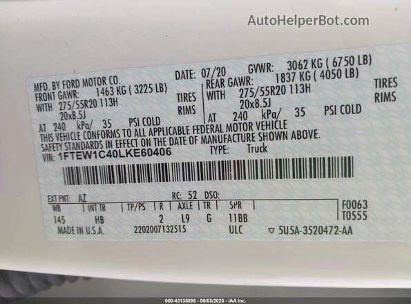 1FTEW1C40LKE60406 2020 FORD F150 White Engine compartment view