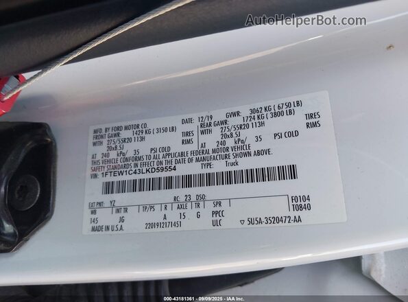 1FTEW1C43LKD59554 2020 FORD F150 White Вид підкапотного простору