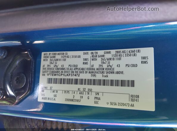 1FTEW1CP1LKF37472 2020 FORD F150 Blue Widok komory silnika
