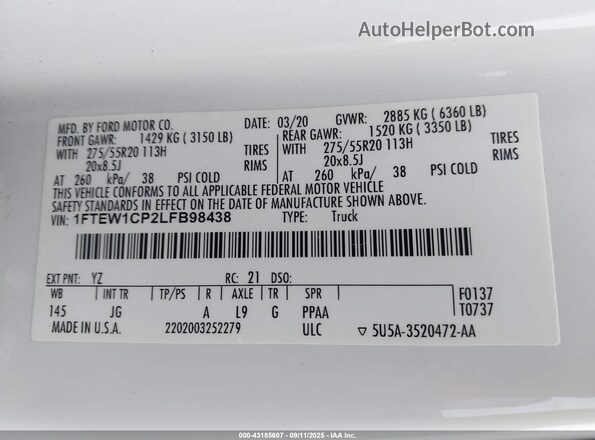 1FTEW1CP2LFB98438 2020 FORD F150 White Vista del compartimento del motor