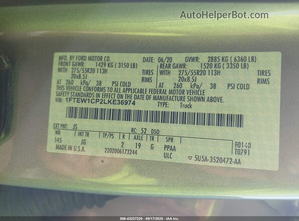 1FTEW1CP2LKE36974 2020 FORD F150 Silver ძრავის განყოფილების ხედი