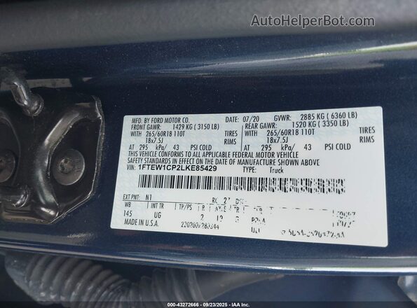 1FTEW1CP2LKE85429 2020 FORD F150 Blue Vista del compartimento del motor
