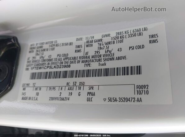 1FTEW1CP5LKD23908 2020 FORD F150 White Вид підкапотного простору